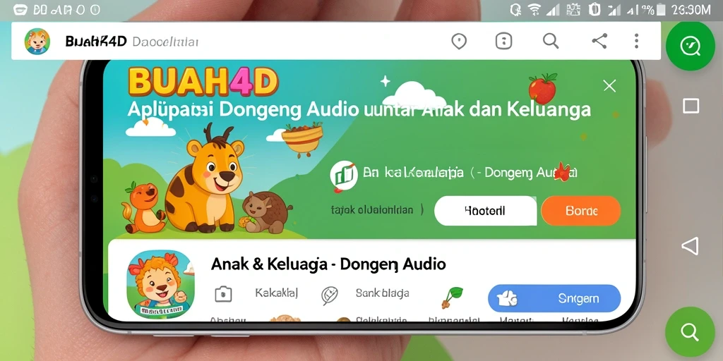 Antarmuka BUAH4D menampilkan berbagai pilihan dongeng audio yang menarik.