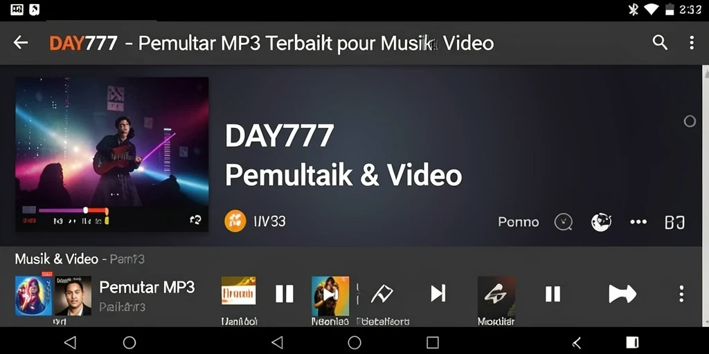 Antarmuka aplikasi Pemutar MP3 DAY777 yang menarik dan mudah digunakan.