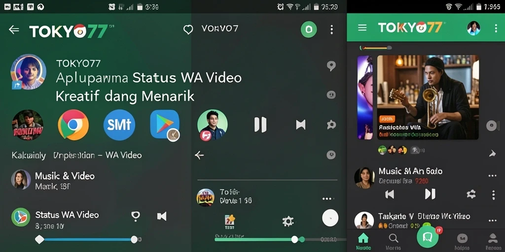 Tampilan antarmuka <strong>TOKYO77</strong> dengan fitur video status yang menarik.